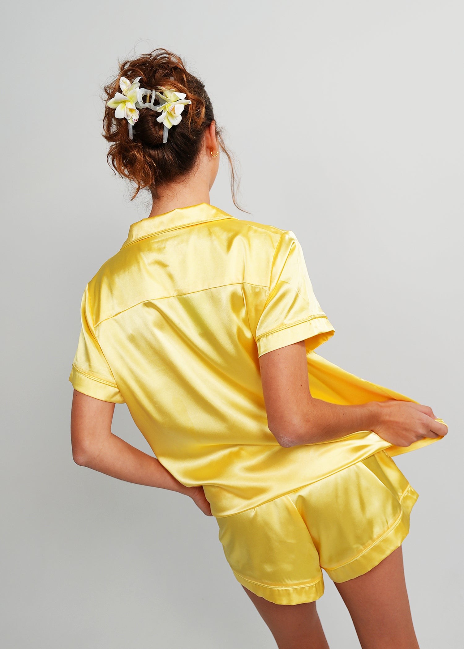 Night Sweet Thing Womens Lemon Yellow Satin Short Pajama Set