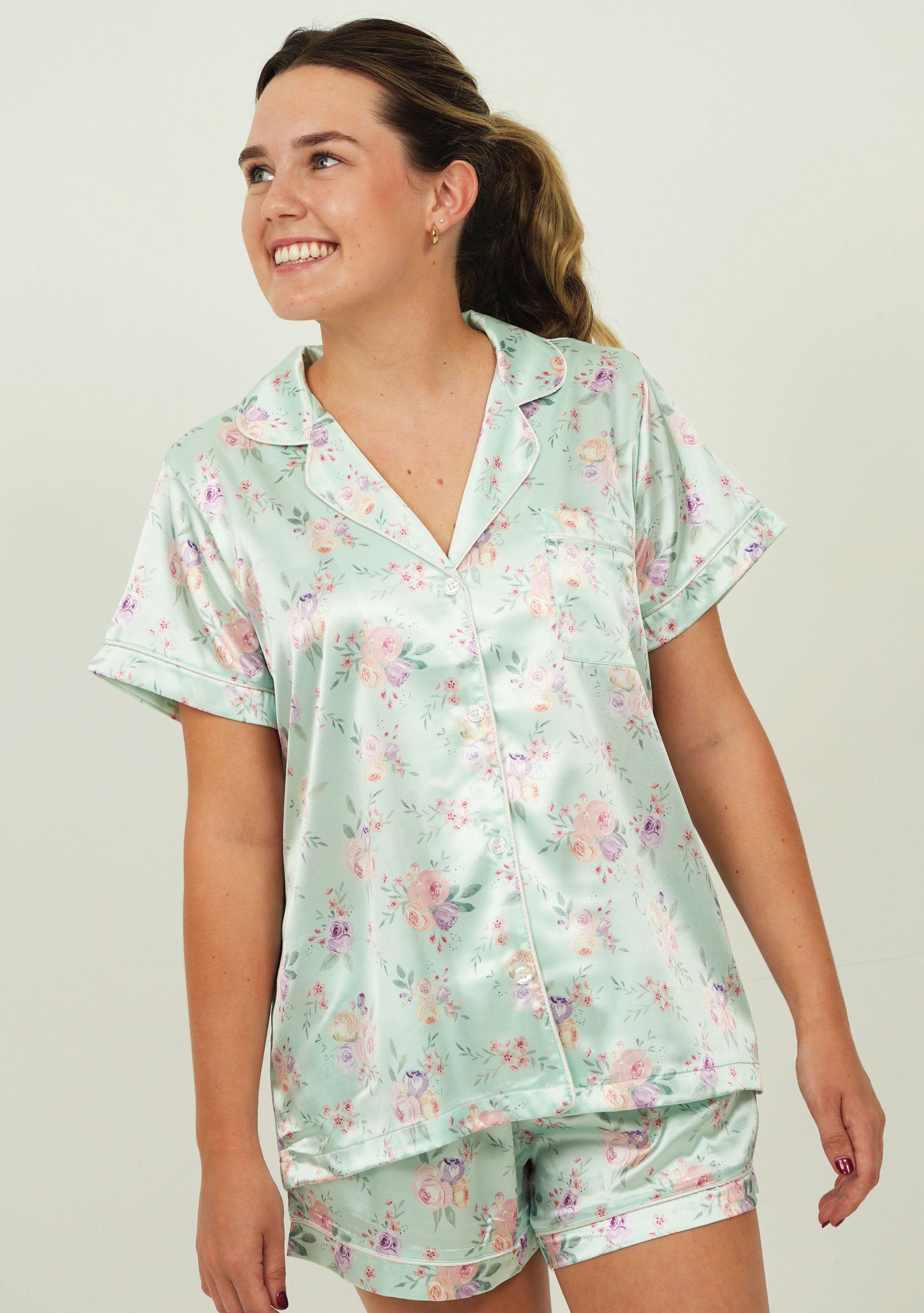 Mint Blossom Satin Short Pyjama Set