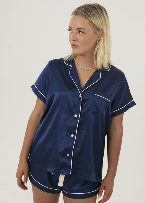 Womens Navy Blue Satin Short Pyjama Set