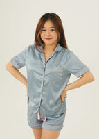 Womens Steel Blue Matte Satin Short Pyjama Set