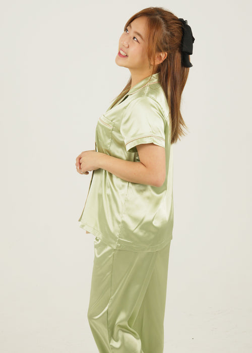 Womens Sage Green Satin Long Pyjama Set
