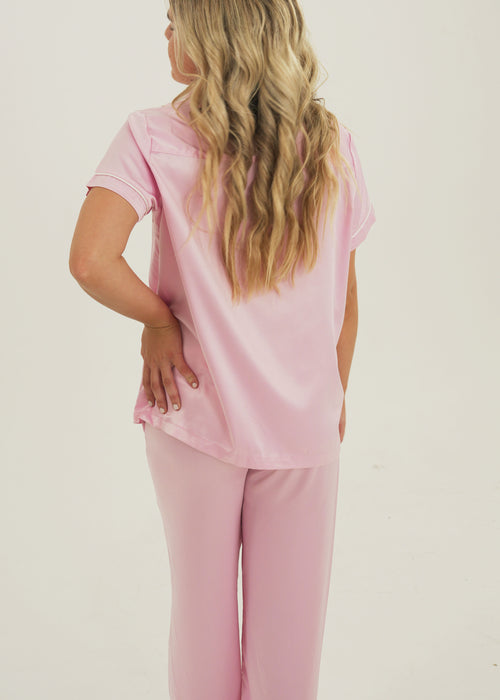 Womens Baby Pink Matte Satin Long Pyjama Set