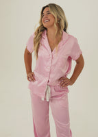 Womens Baby Pink Matte Satin Long Pyjama Set